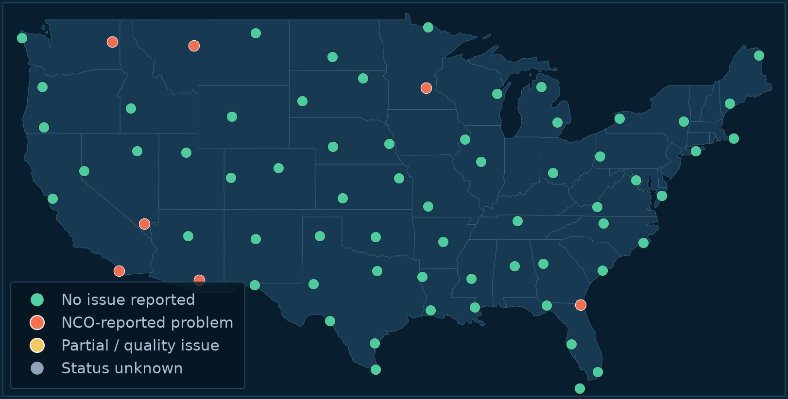 United States map showing weather balloon station status