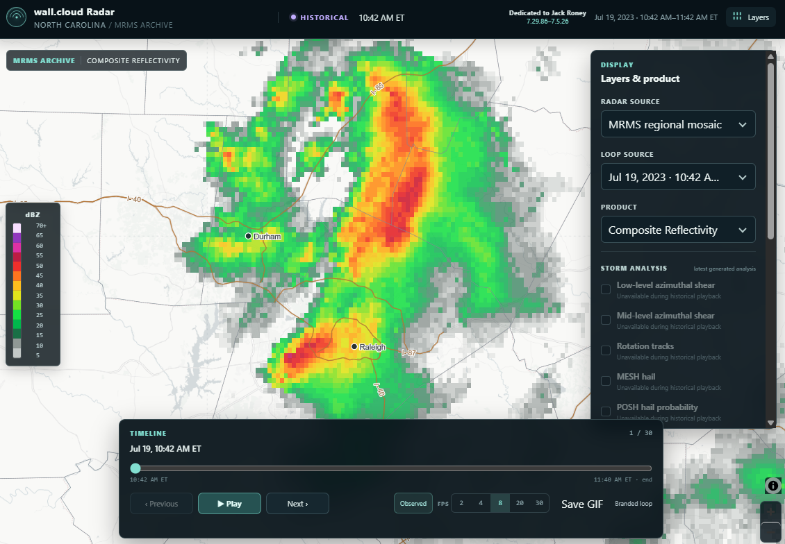 Local radar interface showing thunderstorms near Raleigh and Durham