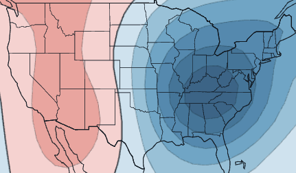 Red and blue winter weather signal map across the contiguous United States